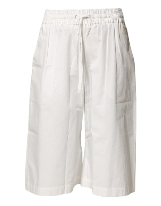 MSGM White Cotton High Waist Wide Leg Straight Bermuda Shorts