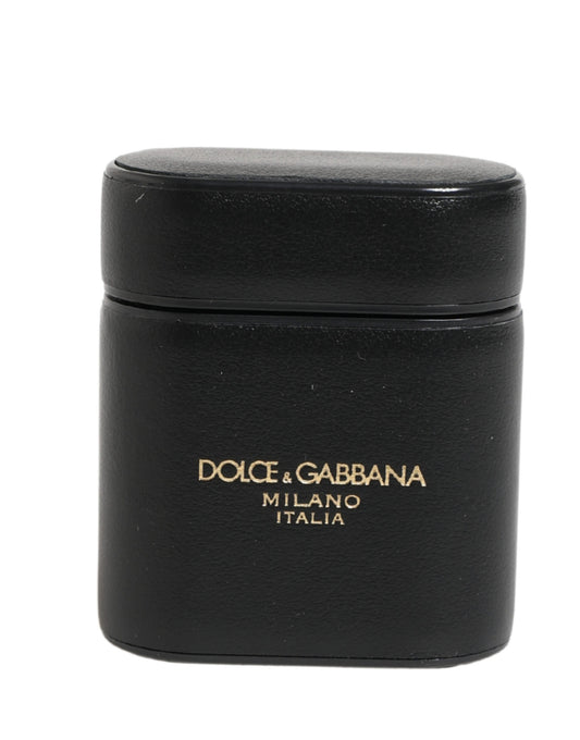 Dolce & Gabbana Black Calf Leather Logo Print Flip Holder Airpods Case