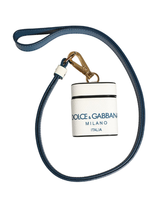 Dolce & Gabbana White Calf Leather Logo Flip Holder Strap Airpods Case