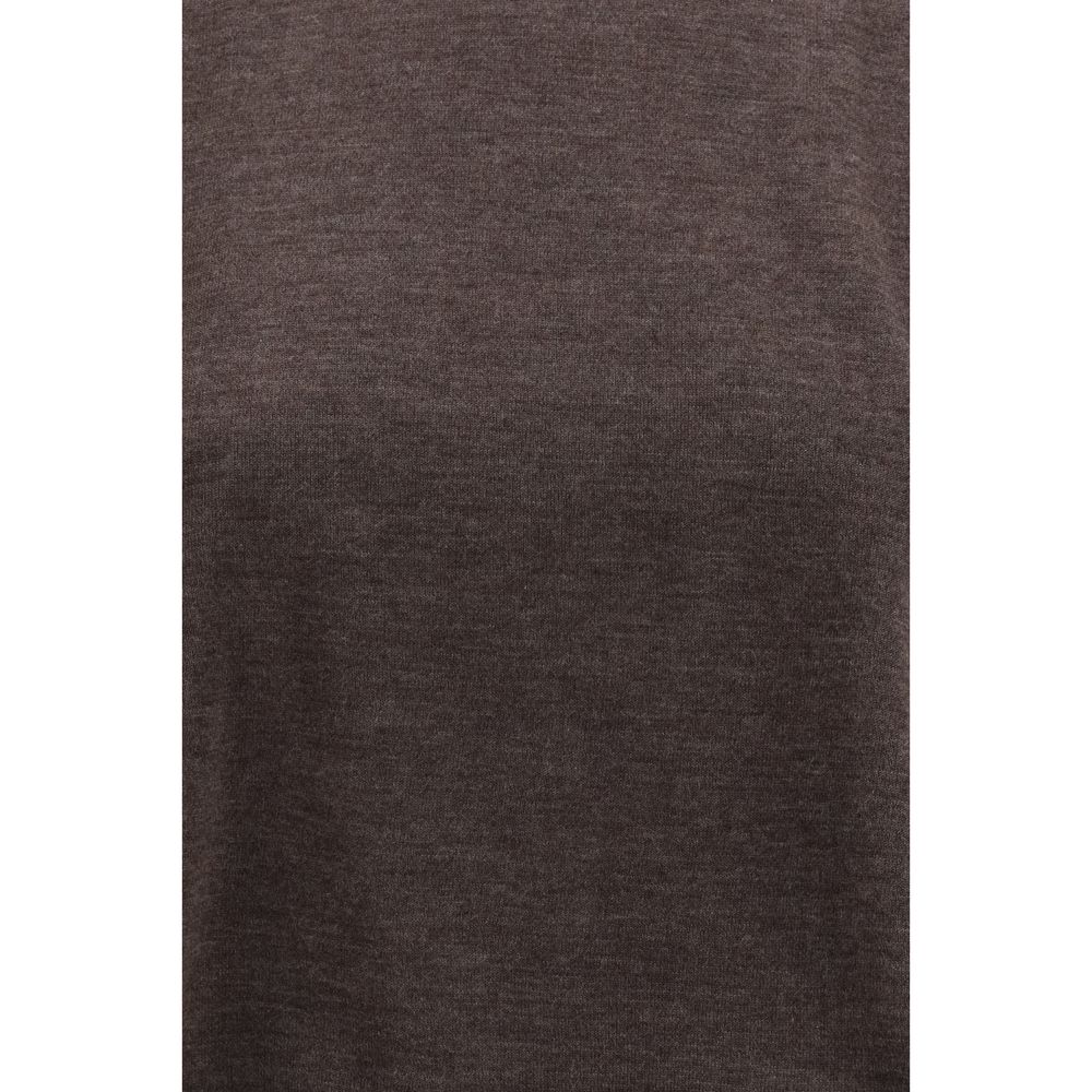 A brown cashmere t-shirt with a ribbed neckline and hem