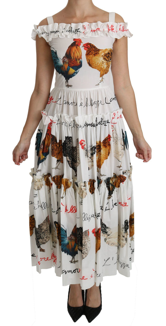 Abito midi a tubino con stampa elegante di gallo bianco Dolce &amp; Gabbana