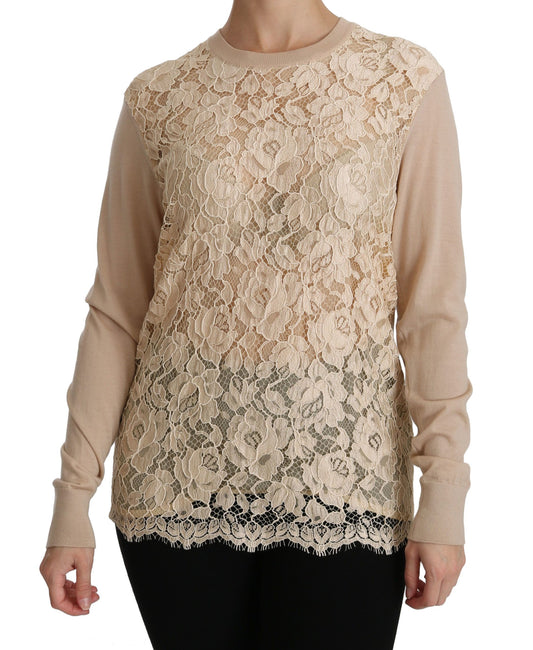 Dolce &amp; Gabbana Elegante Blusa in Cashmere con Scollo a Girocollo in Pizzo Beige