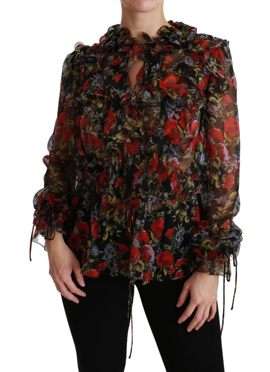 Dolce &amp; Gabbana Elegante Blusa a Maniche Lunghe in Seta Floreale