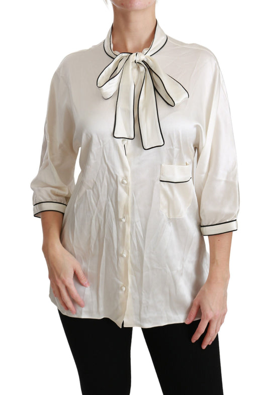 Dolce &amp; Gabbana Elegante Blusa in Seta Beige con Sciarpa a Fiocco