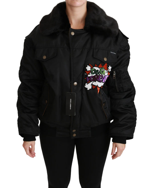 Dolce &amp; Gabbana Elegante Bomber Nero con Dettagli Rimovibili