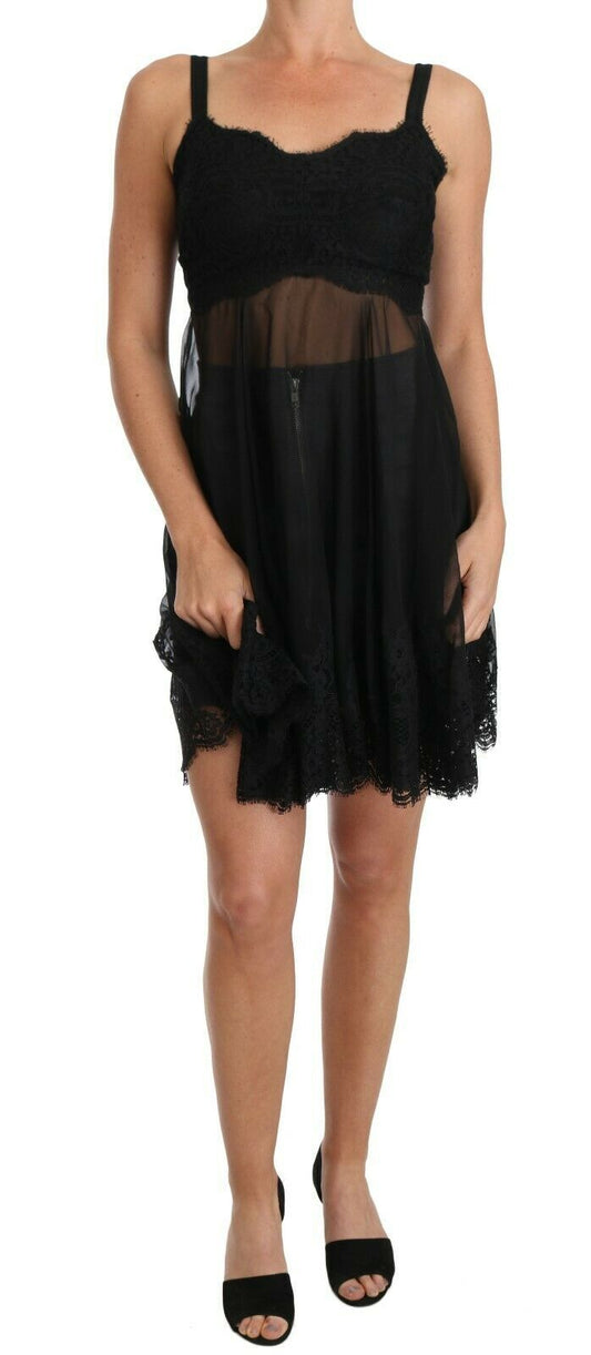 Vestido camisero elegante de encaje floral de seda negra de Dolce &amp; Gabbana