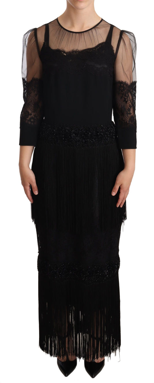 Dolce &amp; Gabbana Elegante Abito Midi in Pizzo Nero