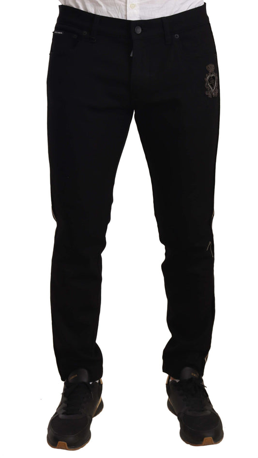 Jeans aderenti neri con ricamo araldico Dolce &amp; Gabbana