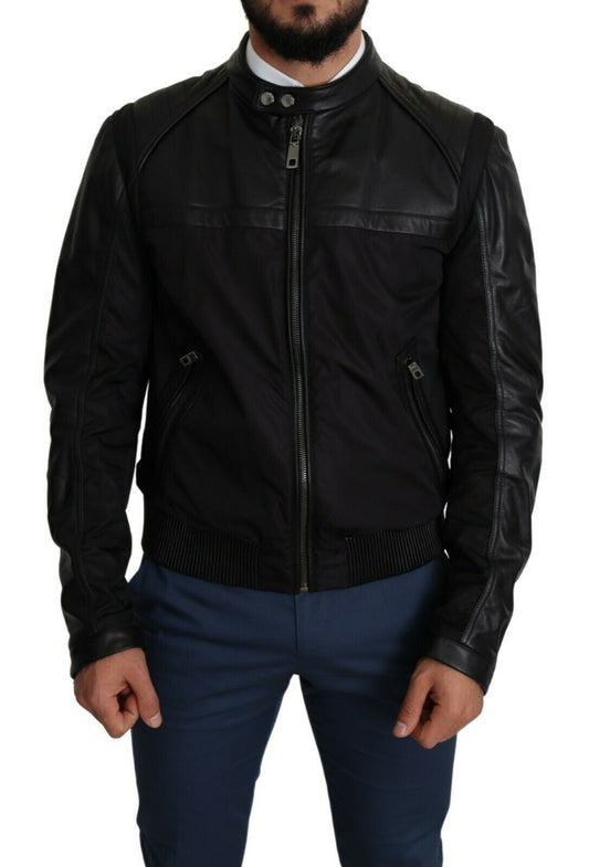 Dolce &amp; Gabbana Elegante Bomber Nero con Dettagli in Pelle