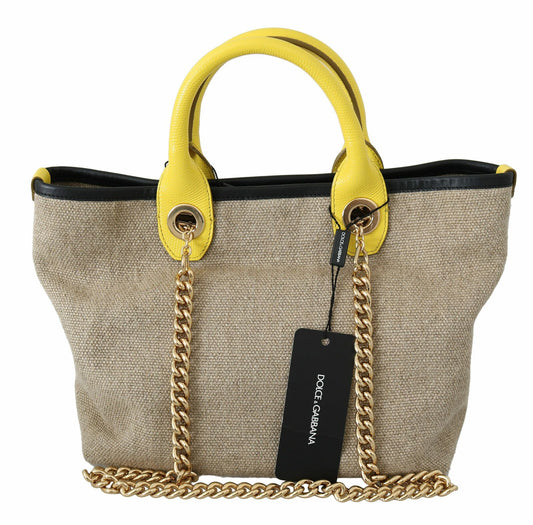 Borsa Dolce &amp; Gabbana in lino e vitello beige con catena dorata