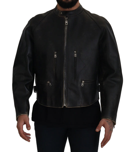 Dolce &amp; Gabbana Elegante giacca in pelle nera con dettagli argento