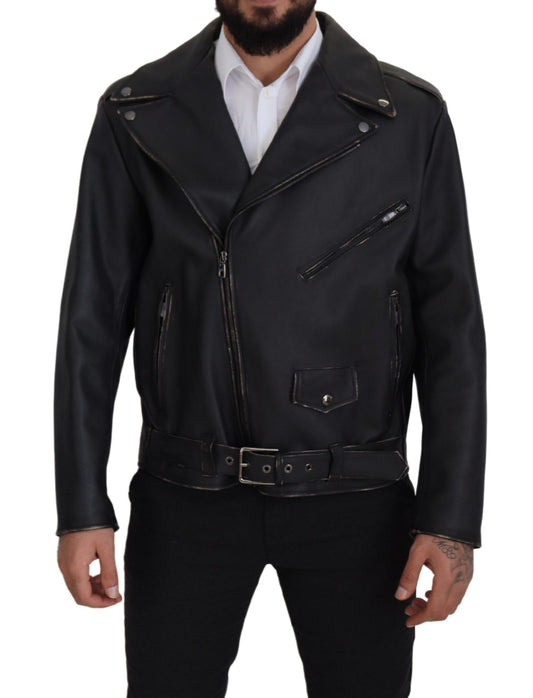 Elegante giacca da motociclista in pelle nera Dolce &amp; Gabbana