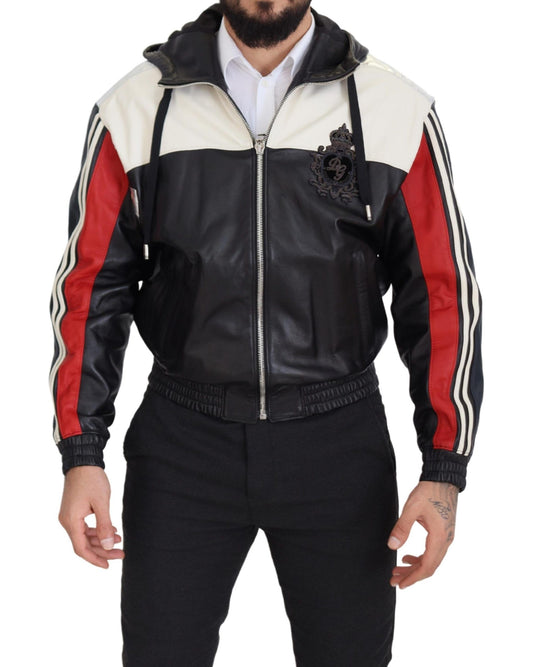 Giubbotto bomber con cappuccio in pelle nera Dolce &amp; Gabbana Elite