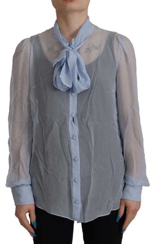 Dolce &amp; Gabbana Elegante Blusa in Seta con Colletto Ascot in Azzurro Chiaro