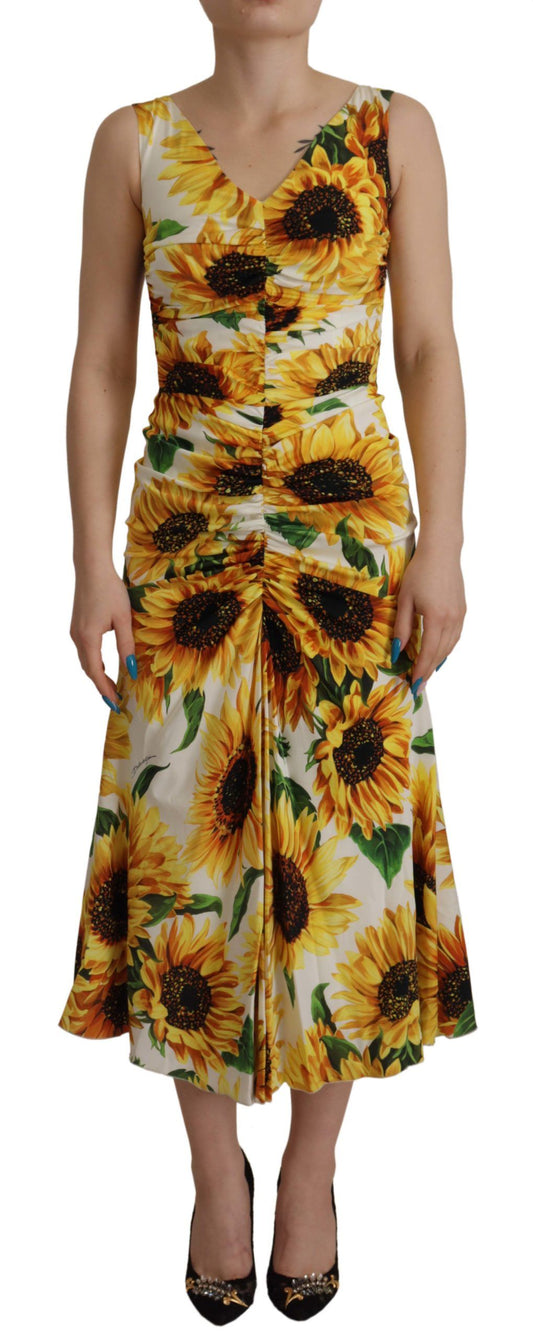 Dolce &amp; Gabbana Elegante Abito Midi Bianco con Stampa Floreale