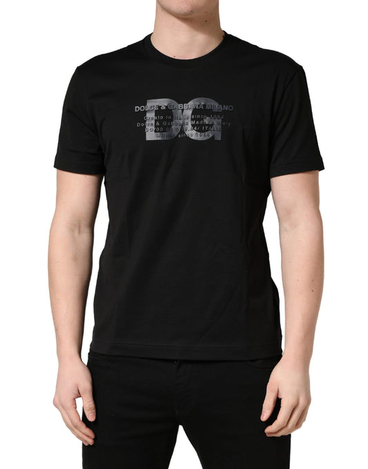 Black t-shirt with white logo on front