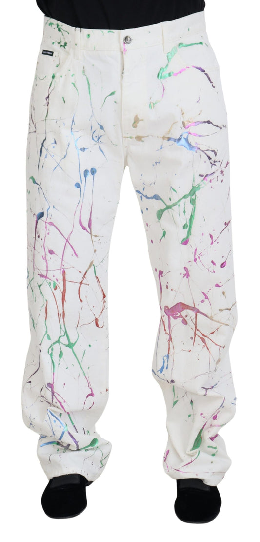 Pantaloni in denim con stampa schizzi bianchi chic di Dolce &amp; Gabbana