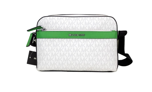 Borsa a tracolla piccola Cooper in PVC con firma Palm di Michael Kors, colore bianco brillante