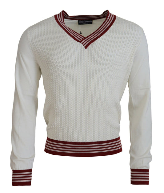 Maglione con scollo a V in seta e cotone bianco sporco di Dolce &amp; Gabbana