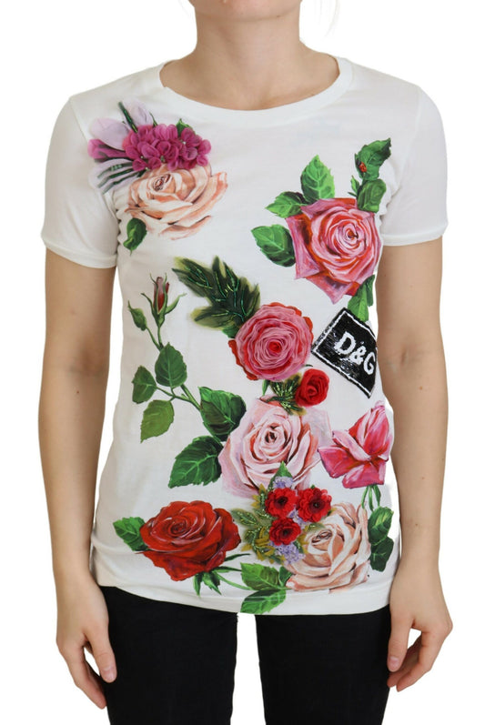 T-shirt in cotone con stampa elegante di rose multicolor di Dolce &amp; Gabbana