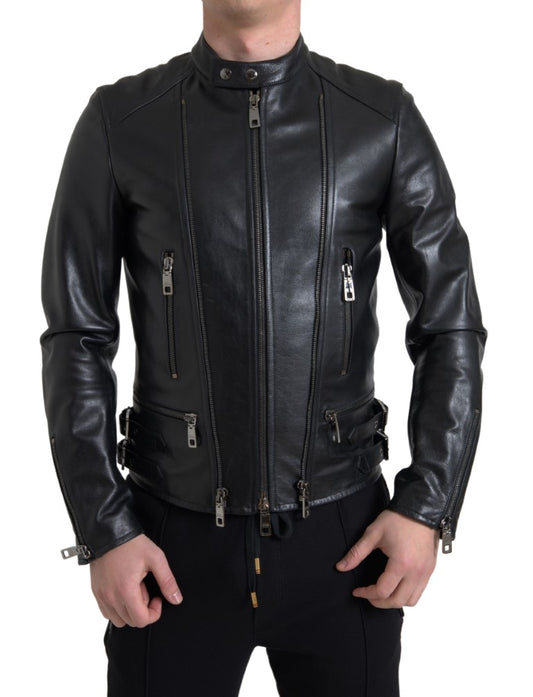 Giacca da motociclista in pelle nera elegante di Dolce &amp; Gabbana