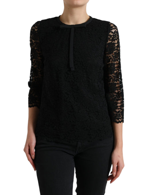 Dolce &amp; Gabbana Elegante Top a Maniche Lunghe in Pizzo Floreale