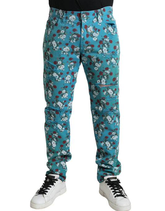 Jeans skinny in denim con stampa floreale Dolce &amp; Gabbana