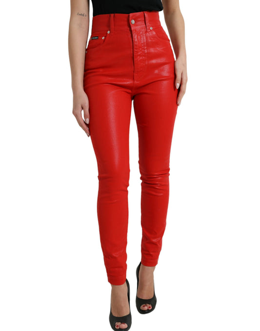 Dolce &amp; Gabbana Elegante Denim Elasticizzato a Vita Alta in Rosso