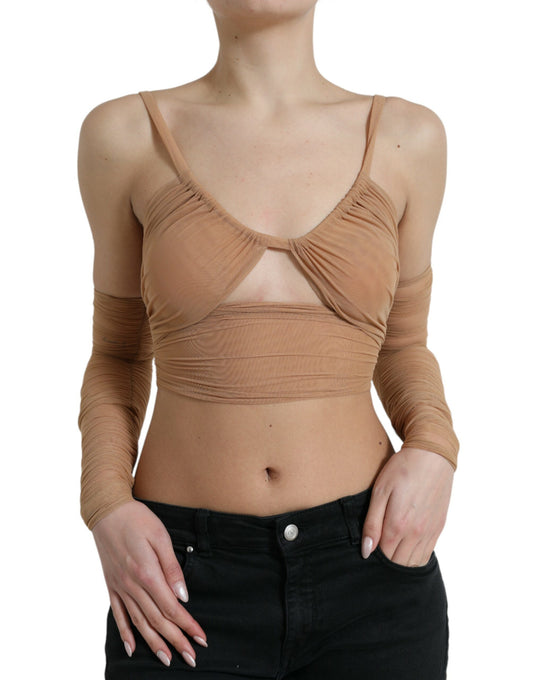 Dolce &amp; Gabbana Elegante Top Corto Marrone a Maniche Lunghe
