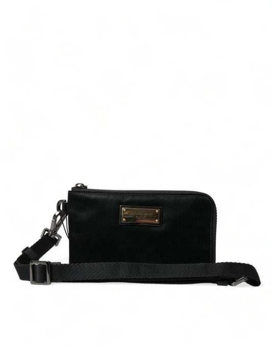 Elegante pochette in nylon nero e pelle Dolce &amp; Gabbana con dettagli argentati