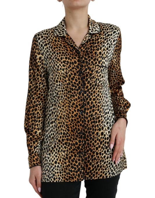 Elegante blusa in seta con stampa animalier marrone Dolce &amp; Gabbana