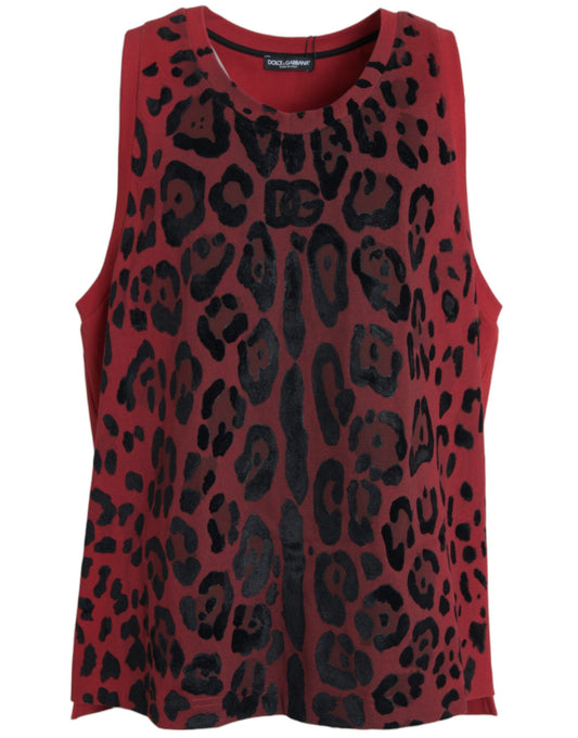 T-shirt senza maniche con stampa leopardata rossa Dolce &amp; Gabbana