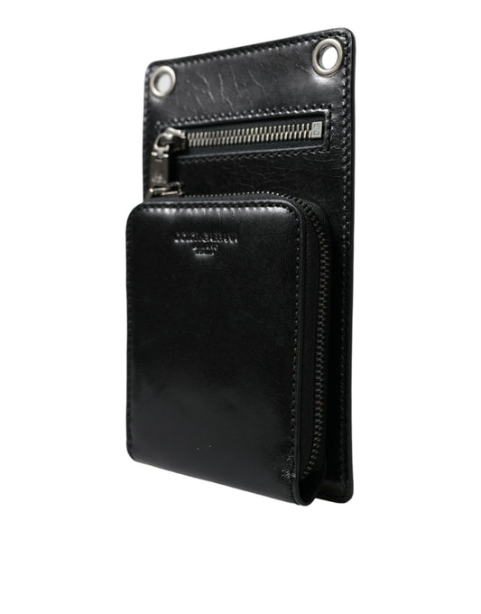 Cartera Dolce &amp; Gabbana de piel de caballo negra con cremallera y logo, bandolera con ranura para teléfono