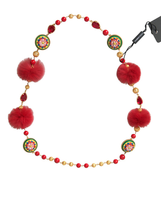 Collana Dolce &amp; Gabbana in ottone dorato con cristalli rossi e pelliccia