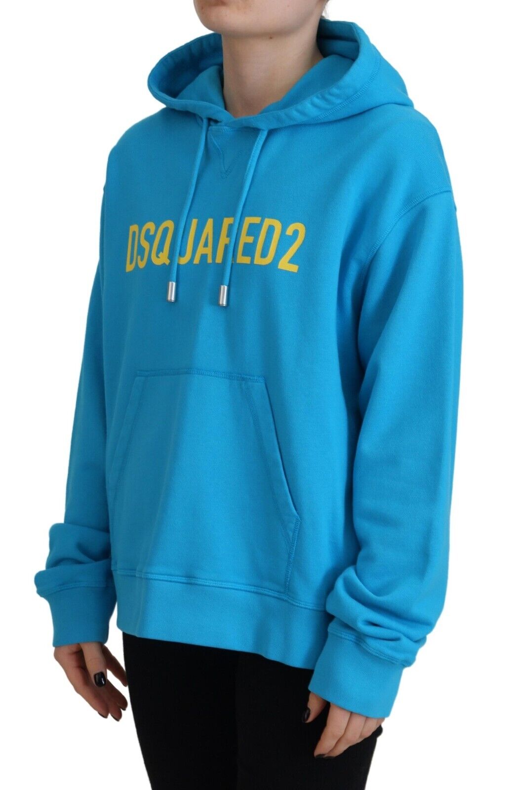 Blue hoodie with yellow writing on front