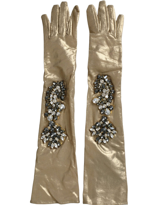 Guanti Dolce &amp; Gabbana in raso beige con cristalli fino al gomito