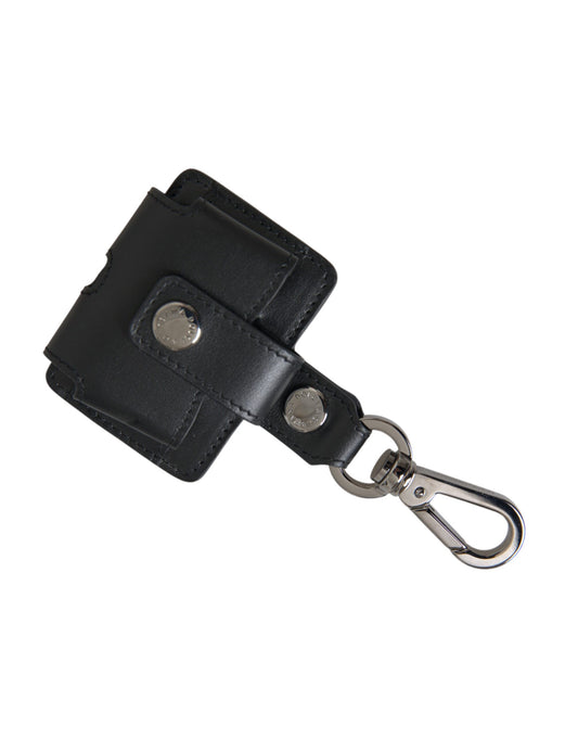Estuche Dolce &amp; Gabbana de cuero negro liso y metal plateado para AirPods