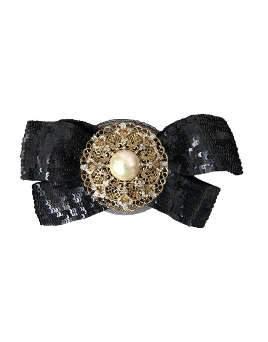 Spilla per capelli fatta a mano con paillettes nere e perle di Dolce &amp; Gabbana