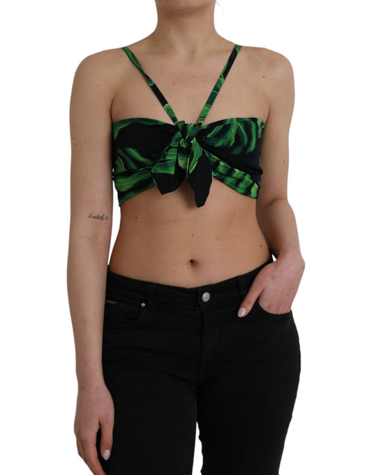 Top corto in seta con stampa a foglia verde e nero Dolce &amp; Gabbana