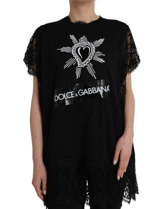 T-shirt in pizzo di cotone con stampa Cuore Sacro Nero di Dolce &amp; Gabbana