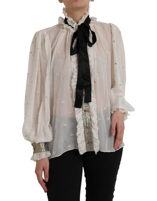 Dolce &amp; Gabbana Top in misto seta bianco sporco con colletto ascot