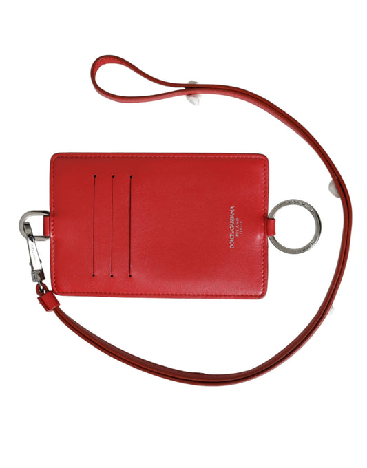 Portafoglio porta carte Dolce &amp; Gabbana in pelle di vitello rossa con logo e cordino