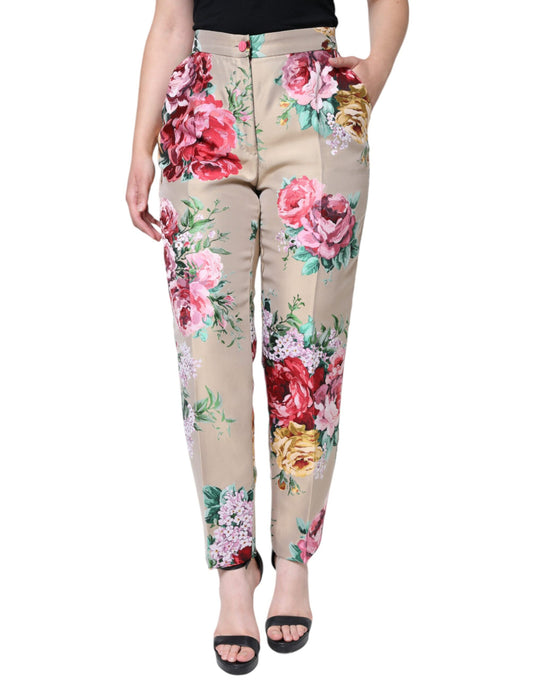 Pantalones cónicos de cintura alta con estampado floral en jacquard beige de Dolce &amp; Gabbana