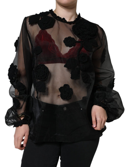 Blusa trasparente a fiori in rete di nylon nera Dolce &amp; Gabbana