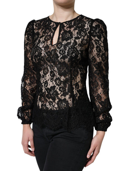 Maglia a maniche lunghe trasparente in pizzo floreale nero Dolce &amp; Gabbana