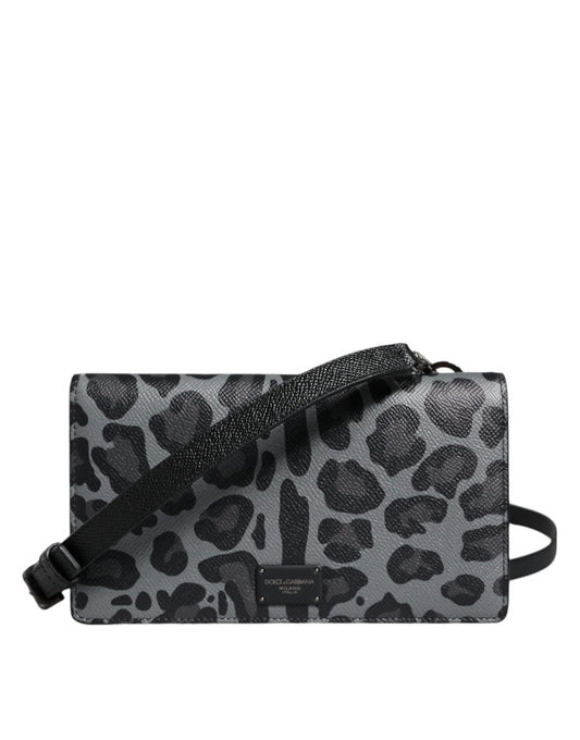 Borsa a tracolla Dolce &amp; Gabbana in pelle leopardata nera e grigia con scomparti per carte di credito