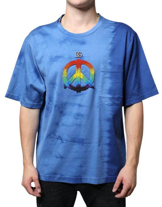 T-shirt in cotone con simbolo della pace in blu tie-dye di Dolce &amp; Gabbana