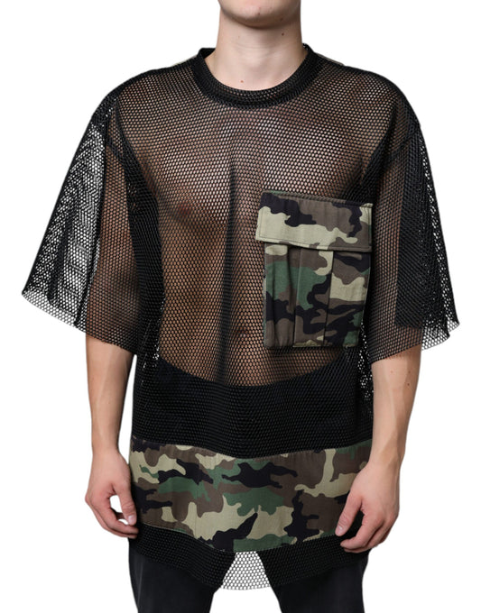 T-shirt a maniche corte in rete mimetica nera Dolce &amp; Gabbana