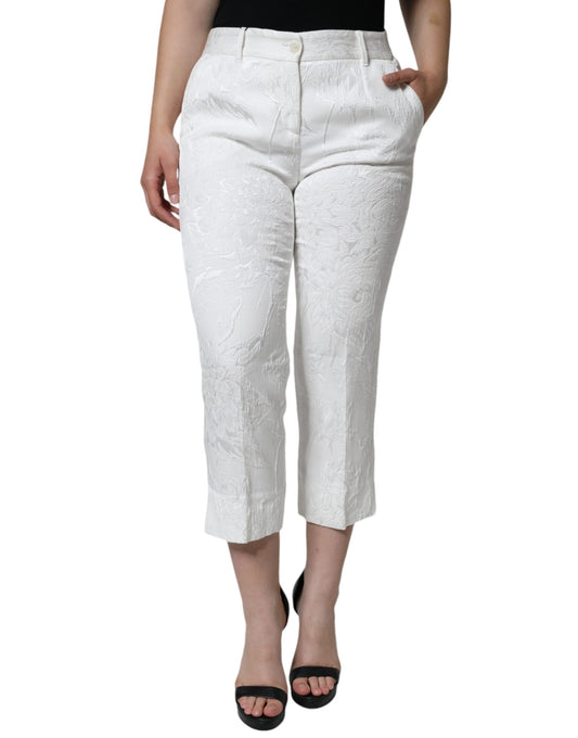 Pantaloni cropped in broccato di cotone floreale bianco Dolce &amp; Gabbana