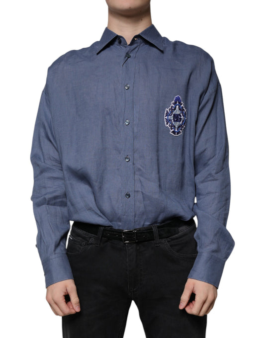 Camicia casual a maniche lunghe con bottoni e logo blu Dolce &amp; Gabbana
